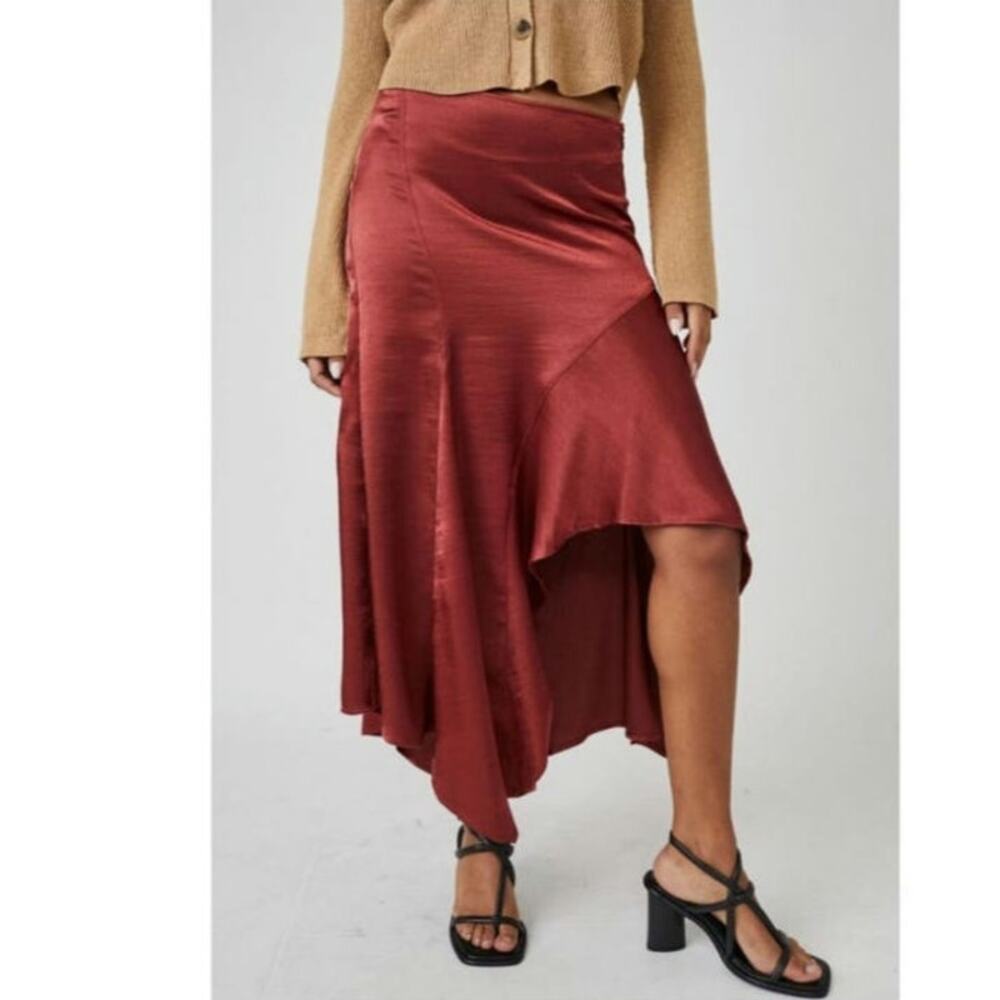 Free People Sunrise Asymmetrical Midi Skirt Russet Acorn Size 2